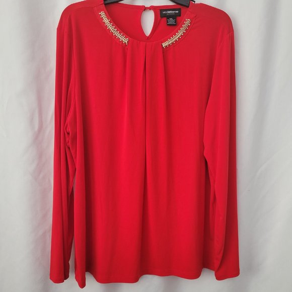 Liz Claiborne Career Red Blouse embellished long sleeves keyhole dressy XXL GUC - Picture 4 of 13